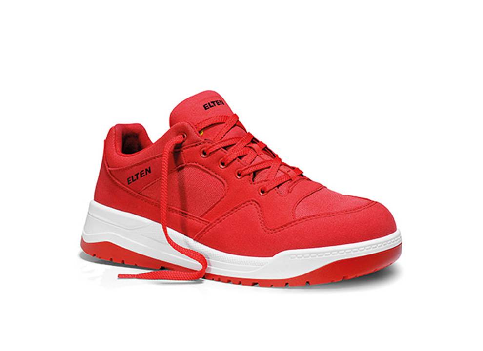 Ein roter Sneaker mit 'ELTEN' Branding, ausgestattet mit einer weißen Sohle und roten Schnürsenkeln, präsentiert vor einem weißen Hintergrund.