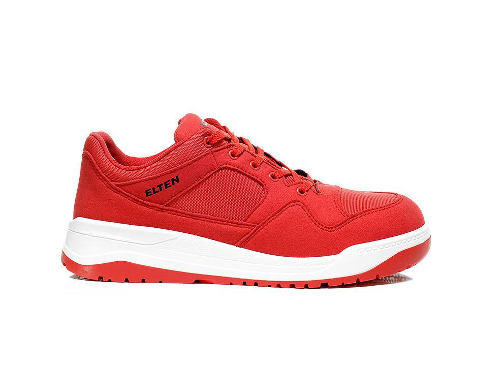 Ein roter Turnschuh mit weißer Sohle, von der Seite betrachtet, mit dem Text 