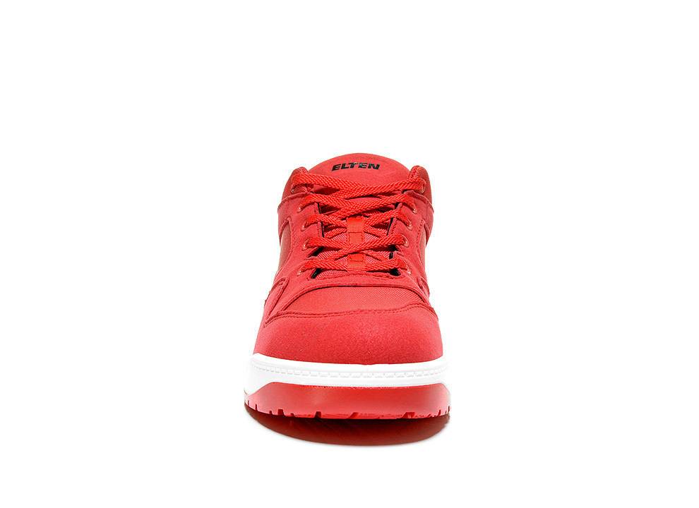 Roter Sneaker mit weißer Sohle, Frontansicht.