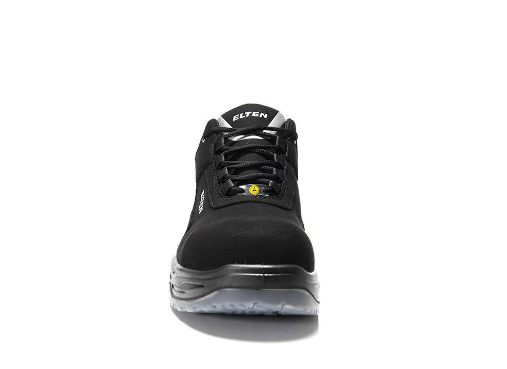 Ein schwarzer Sicherheitsschuh mit einer rutschfesten, weißen Sohle, der den Markennamen auf der Zunge trägt und eine Schutzkappe an der Zehenpartie für Langlebigkeit aufweist.