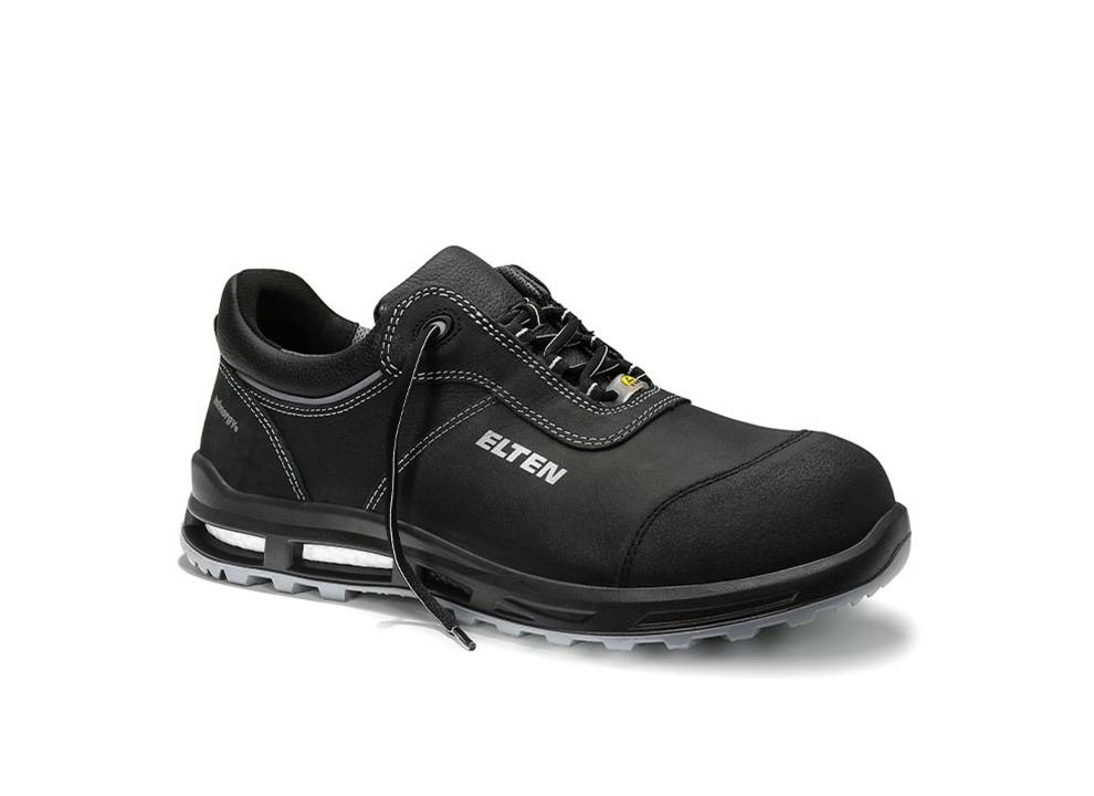 Schwarzer Sicherheitsschuh mit verstärkter Zehenpartie, Schnürverschluss und dicker Sohle. Der Markenname 'ELTEN' ist seitlich sichtbar.