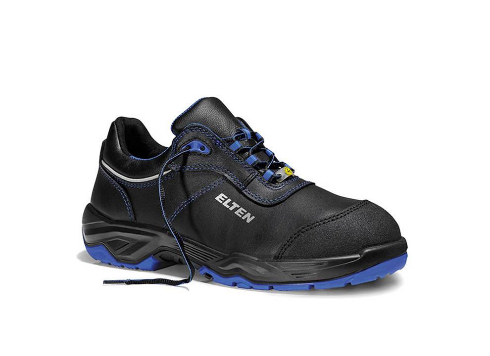 Schwarzer und blauer Sicherheitsschuh mit dem Markennamen 'ELTEN' an der Seite. Der Schuh verfügt über eine robuste Sohle, Schnürverschluss und eine verstärkte Zehenpartie.