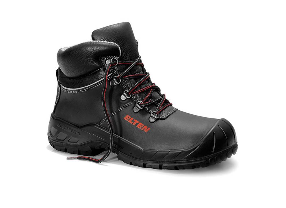 Schwarzer Sicherheitsschuh mit roten Schnürsenkeln und 'ELTEN' Logo an der Seite, ausgestattet mit verstärkten Zehenbereich und einer robusten Sohle für industrielle Einsätze.