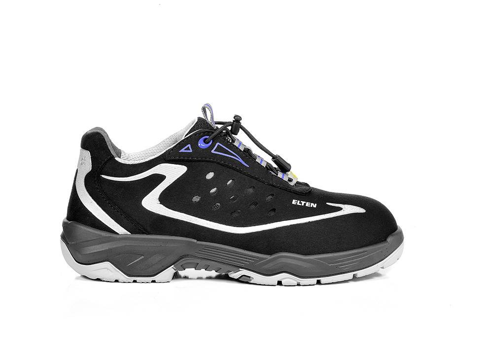 Ein schwarzer und grauer Sportschuh mit einer dicken Sohle und einem weißen gewellten Design an der Seite. Er hat einen blauen Akzent nahe den Schnürsenkeln und ein Markenlogo.