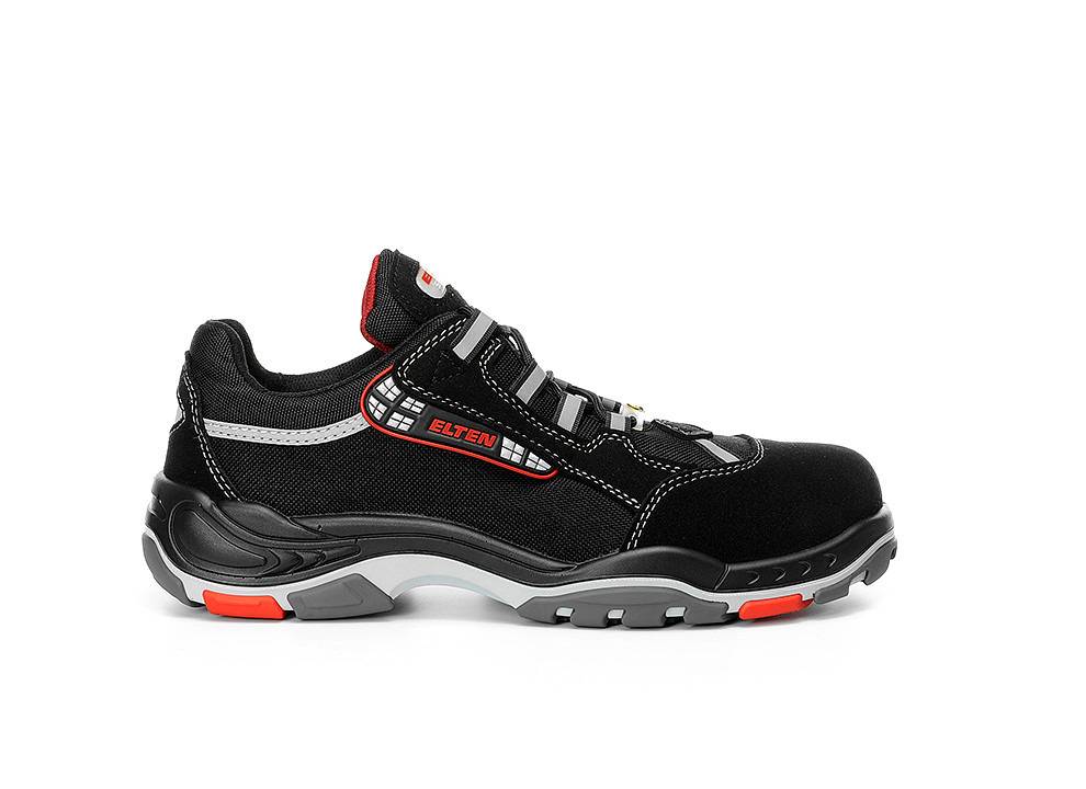 Ein schwarzer und roter Sicherheitsschuh mit rutschfester Sohle und verstärkter Zehenpartie, mit 'ELTEN' Markierung an der Seite.