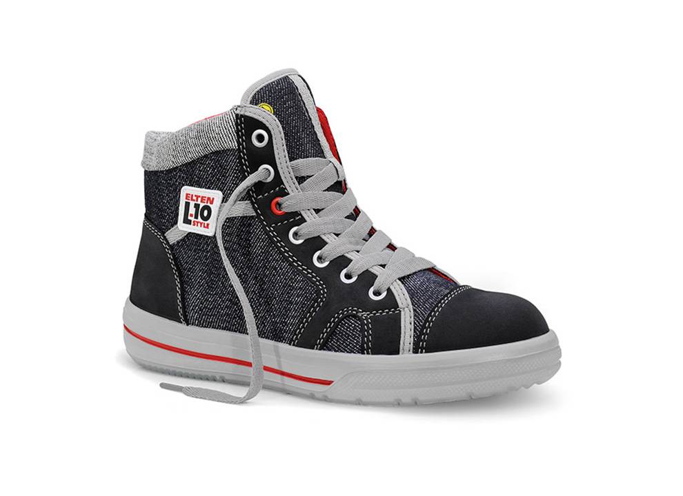 Ein hochschutz-Sneaker mit Denimtextur, grauer Sohle, roten und grauen Akzenten und weißen Schnürsenkeln. Ein Etikett trägt die Aufschrift „ELTEN L10 Style