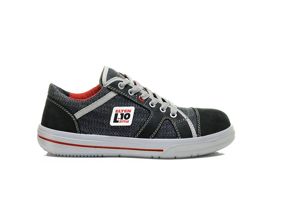 Ein lässiger dunkler Denim-Sneaker mit rotem Innenfutter, weißer Naht und weißer Sohle. Er verfügt über ein 'Elten L10 Style' Etikett an der Seite.