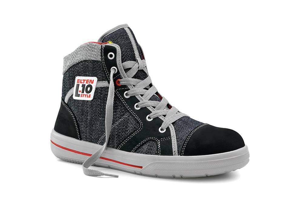 Ein stilvoller Hoher Sneaker aus dunkler Denimstoff, grauen Schnürsenkeln und einer weißen Sohle. Die Seite zeigt einen roten und weißen Aufnäher mit der Aufschrift 'ELTEN L-10 Style'.