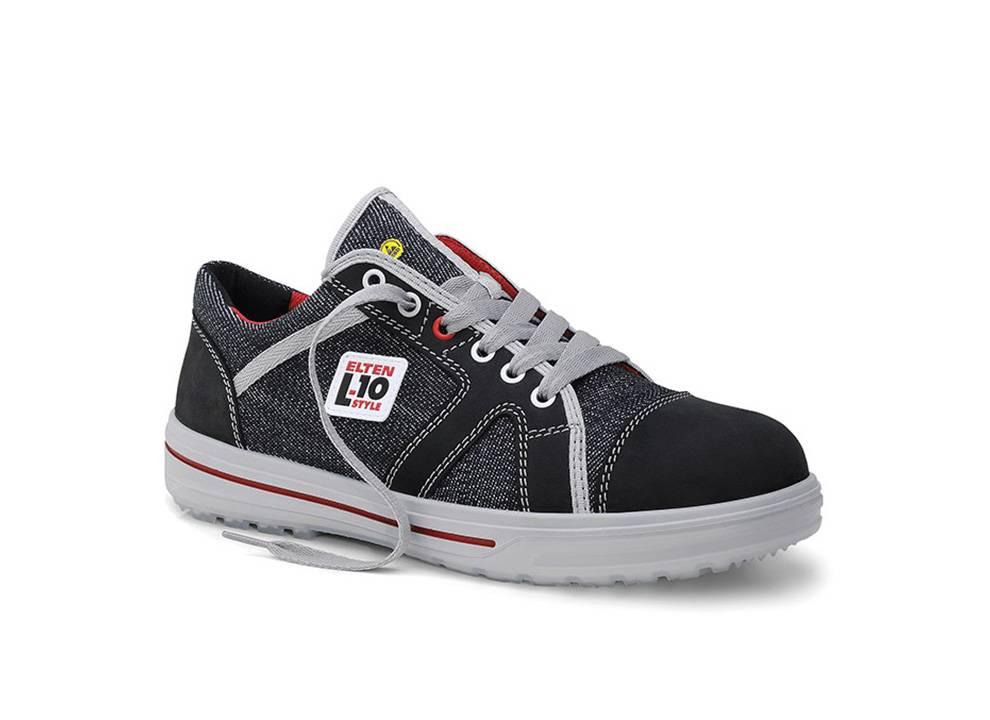 Ein schwarzer und Denim-Sneaker mit roten Akzenten, ausgestattet mit grauen Schnürsenkeln und einem Logo-Aufnäher an der Seite mit dem Aufdruck 'Elten L-10 Style'.