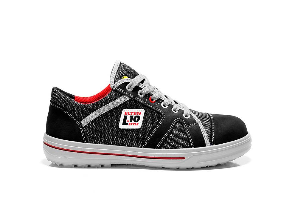 Ein schwarzer und grauer Sneaker mit weißer Sohle, mit roten Akzenten und dem Logo 'ELTEN L10 STYLE', das an der Seite angebracht ist.