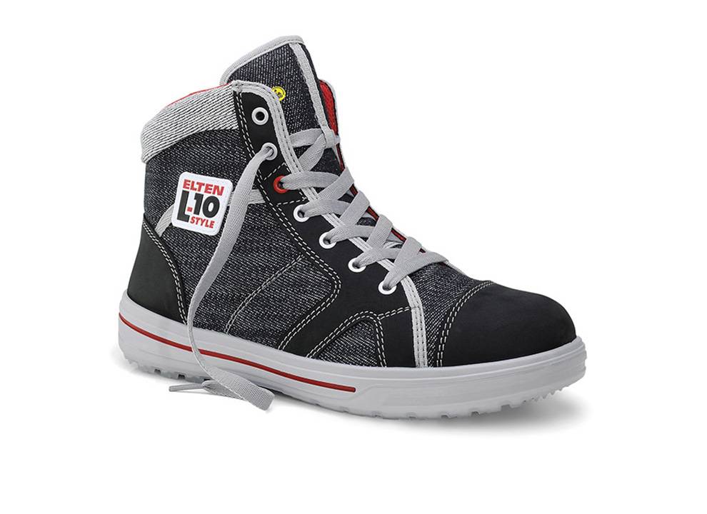 Ein Hightop-Sneaker mit Jeans- und schwarzem Design, ausgestattet mit weißen Schnürsenkeln und einer weißen Sohle. An der Seite befindet sich ein Logo mit dem Schriftzug 'Elten L10 Style'.