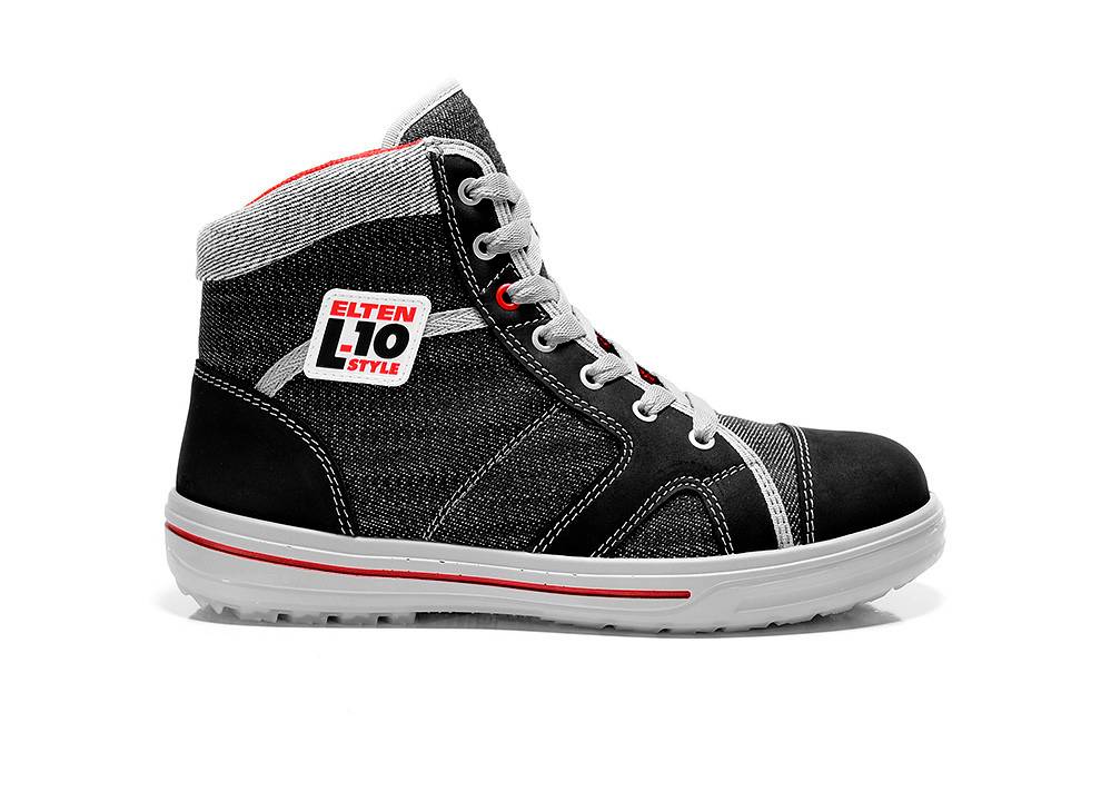 Ein schwarzer und grauer High-Top-Turnschuh mit weißen Schnürsenkeln und einem Logo auf der Seite, das 