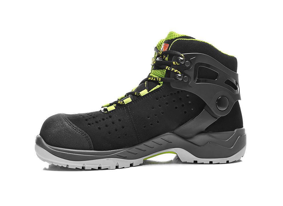 Ein schwarzer und grüner Wanderschuh mit hohem Knöchelschutz, neongrünen Schnürsenkeln und einer robusten Sohle, die für Outdoor-Aktivitäten konzipiert ist.