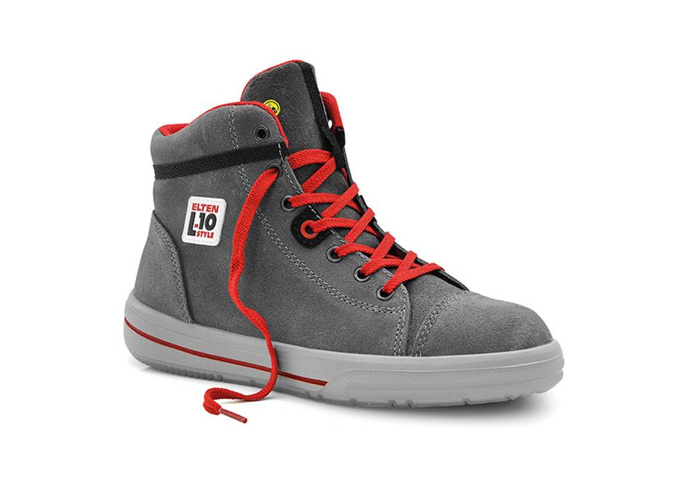 Ein grauer High-Top-Sneaker mit roten Schnürsenkeln und einem Logo auf der Seite, das „Elten L-10 Style