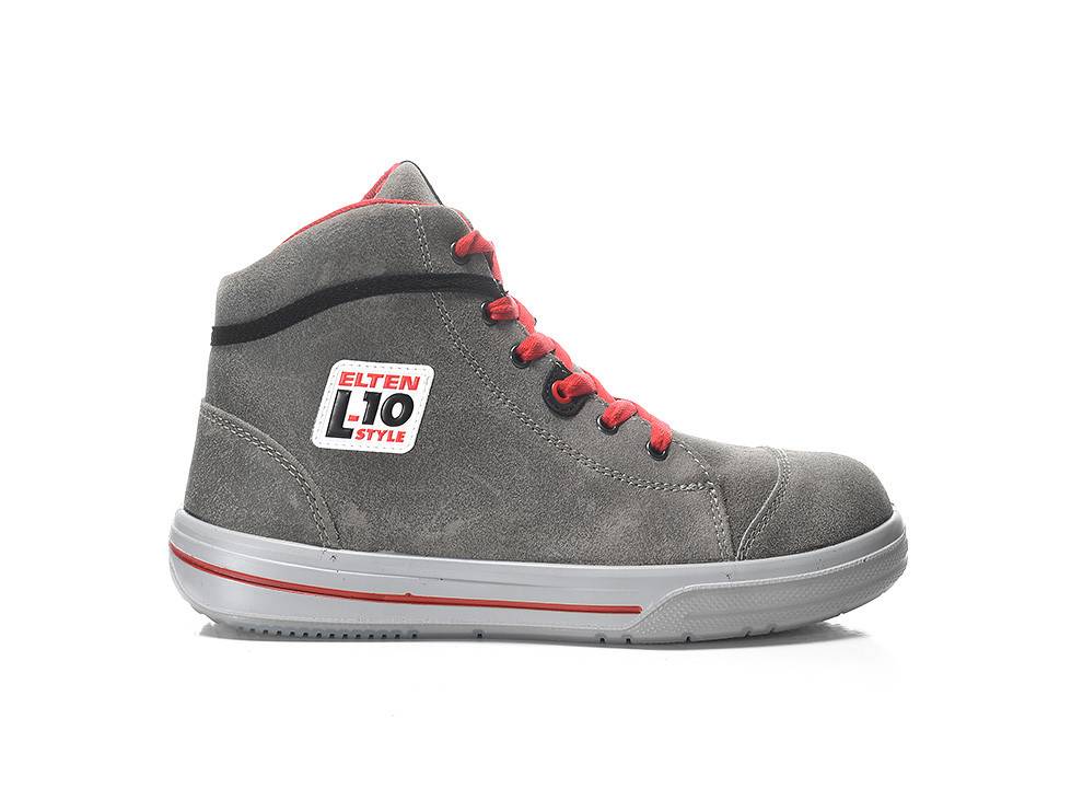 Ein grauer High-Top-Sneaker mit roten Schnürsenkeln und einem Logo an der Seite, geeignet für lässige oder Arbeitskleidung.