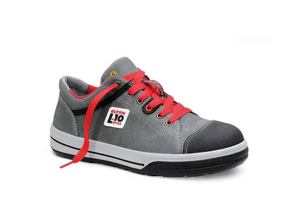 Ein grauer und schwarzer Sneaker mit roten Schnürsenkeln, der die Aufschrift 'ELTEN L-10' an der Seite trägt und für Stil und Komfort konzipiert ist.
