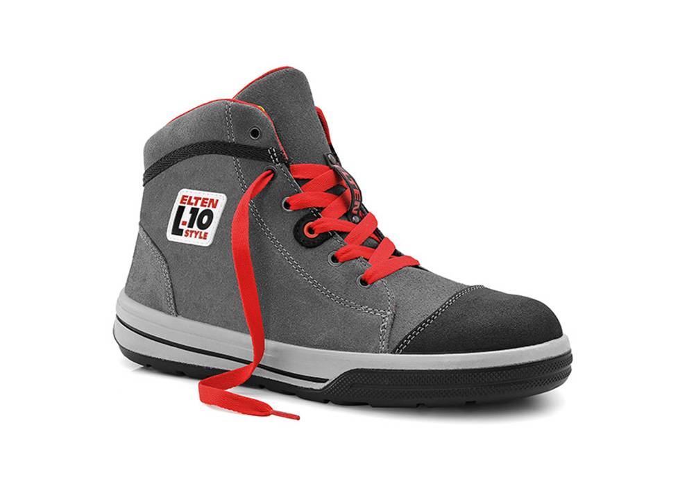Ein einzelner grau-schwarzer High-Top-Sneaker mit roten Schnürsenkeln und Akzenten, versehen mit einem Markenpatch an der Seite mit dem Text 'ELTEN L10 STYLE'.