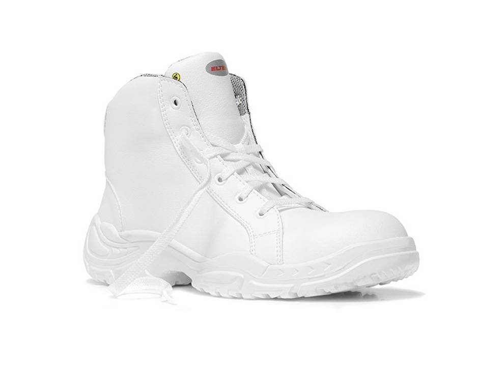 Ein weißer Sicherheitsstiefel mit hohem Schaft und Schnürsenkeln, entwickelt für Schutzaufgaben, ausgestattet mit einer verstärkten Zehenkappe und robuster Sohle für industrielle Einsatzumgebungen.