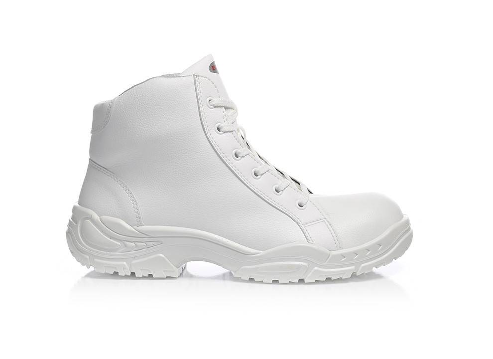 Ein weißer High-Top-Stiefel mit robustem Profil und Schnürverschluss, der für Haltbarkeit und Schutz in verschiedenen Arbeitsumgebungen entwickelt wurde.