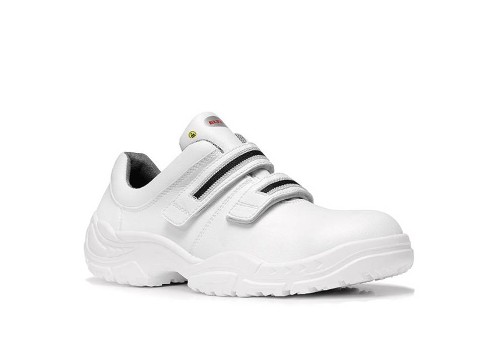 Weißer Arbeitsschuh mit Schutzkappe, zwei Klettverschlüssen und rutschfester Sohle, entwickelt für Sicherheit und Komfort.