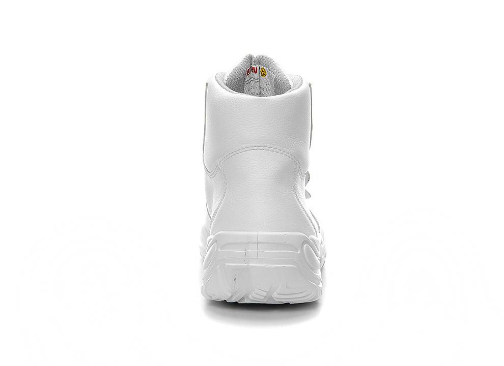 Ein weißer athletischer Sneaker, von hinten betrachtet, der die Sohle und die Designdetails des Hinterteils zeigt.