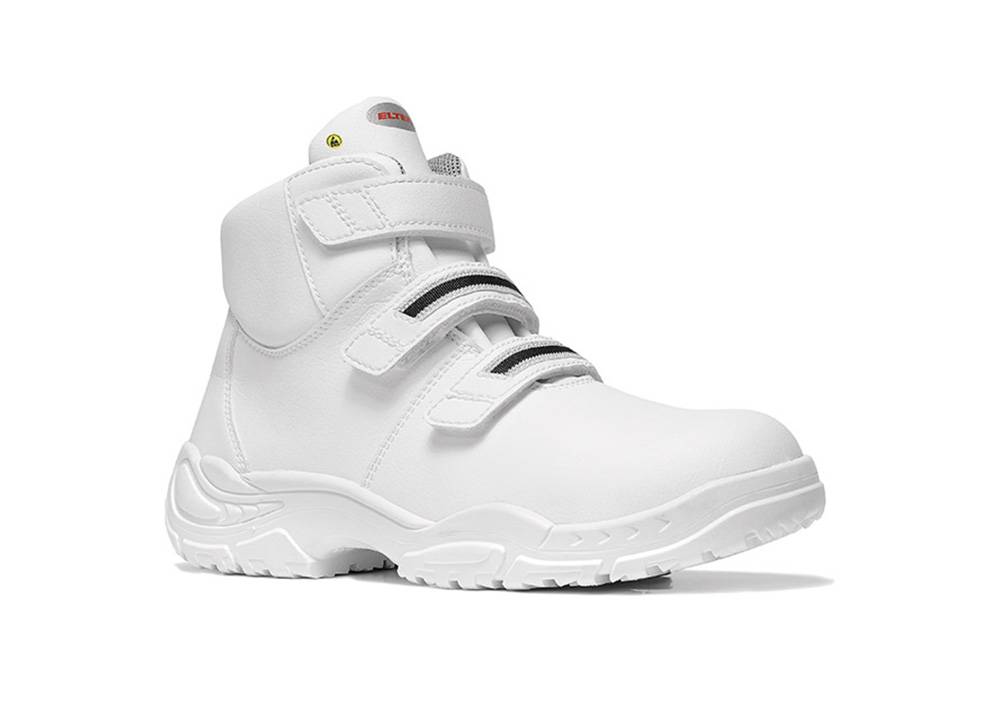 Ein weißer Sicherheitsstiefel mit hohem Schaft, verstärkter Zehenpartie, gepolstertem Schaft und Klettverschlüssen für eine sichere Befestigung. Geeignet für industrielle Umgebungen.
