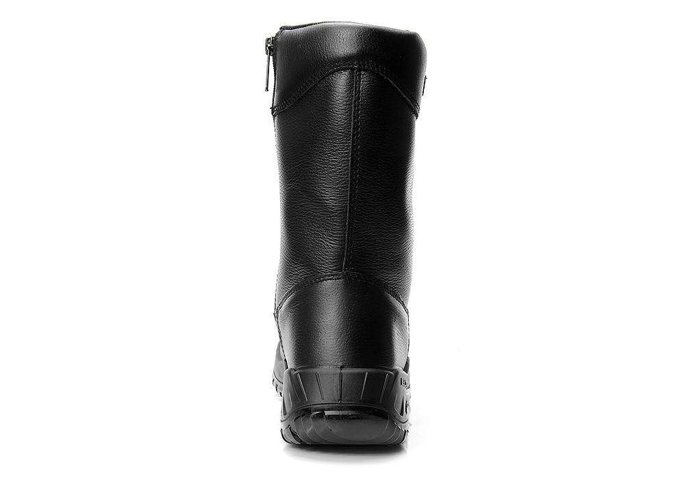 Ein einzelner schwarzer Lederstiefel, von hinten betrachtet, mit einem Reißverschluss an der Seite und einer robusten Sohle.