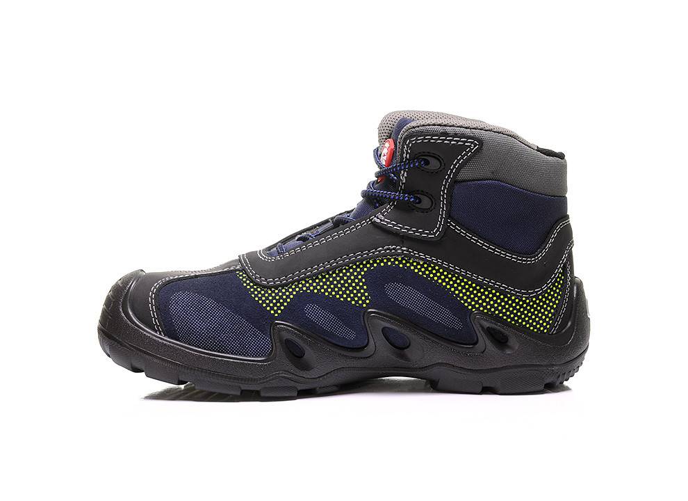 Ein robuster dunkelblauer Arbeitsstiefel mit grauen und gelben Details, mit verstärkter Zehenkappe und gepolstertem Schaft für Sicherheit und Komfort.