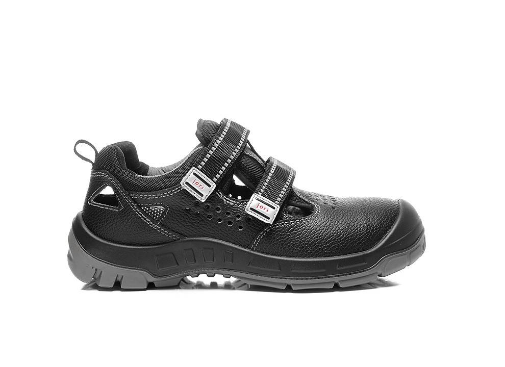 Ein schwarzer, robuster Arbeitsschuh mit verstellbaren Klettverschlüssen, perforierten Seiten für Atmungsaktivität und verstärkter Zehenpartie, entwickelt für Sicherheit.