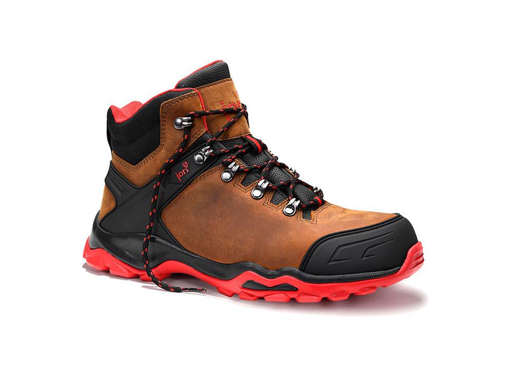 Brauner und roter Wanderstiefel mit schwarzen Akzenten, robusten Schnürsenkeln und verstärkter Sohle, konzipiert für Outdoor-Aktivitäten.