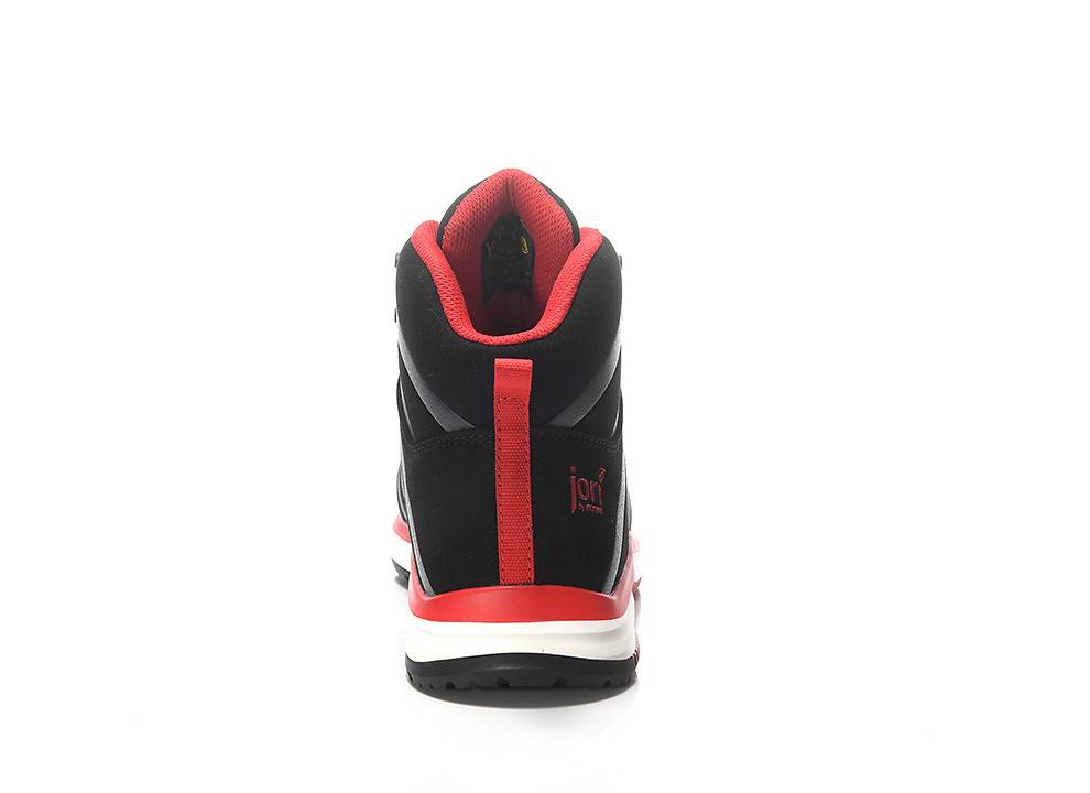 Schwarzer und roter Hightech-Sportschuh, Rückansicht, mit sichtbarem Markenlogo und Details zur Dämpfung.
