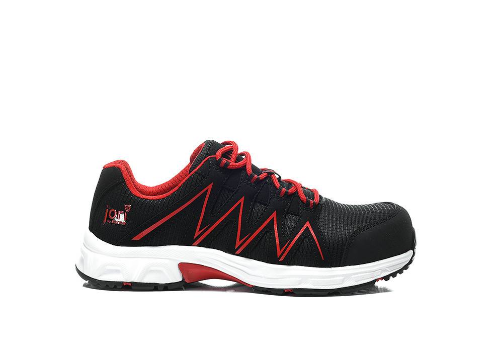 Ein schwarzer Sportschuh mit roten Akzenten und Schnürsenkeln, ausgestattet mit einer weißen Sohle.