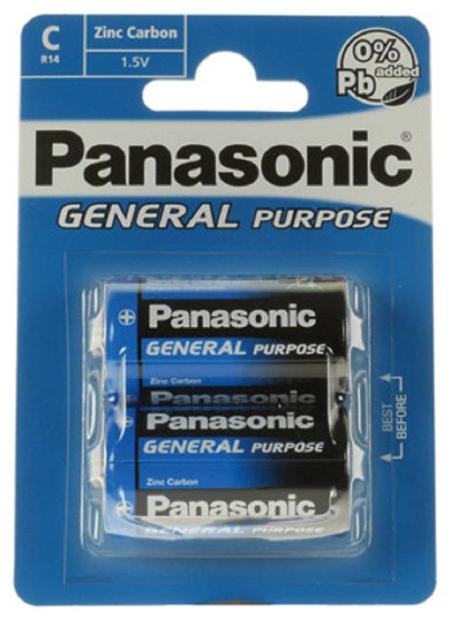 Paket von Panasonic Universalbatterien C Zink-Kohle, 1,5V, mit einer sichtbaren Batterie in transparenter Kunststoffblisterpackung.