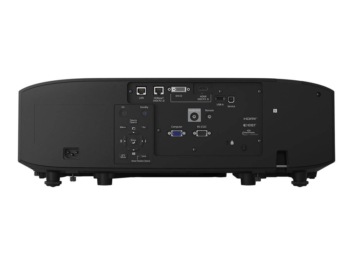 Rückansicht eines Projektors mit Ein- und Steuerbuchsen, darunter HDMI, USB, VGA und Audioverbindungen.