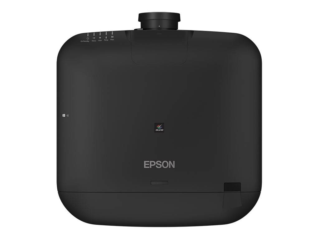 Schwarzer Epson-Projektor von vorne gesehen, mit dem Objektiv in der Obermitte und Statusleuchten oben links.