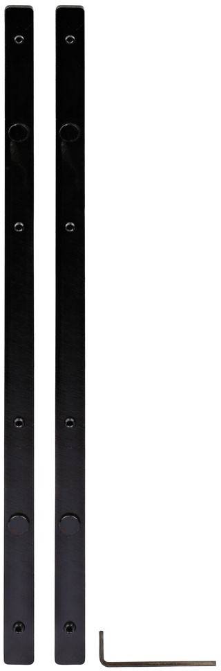 Schwarze rechteckige Balken mit verschraubten Befestigungen, zentriert vor einem weißen Hintergrund, möglicherweise Teile eines größeren mechanischen oder strukturellen Designs.