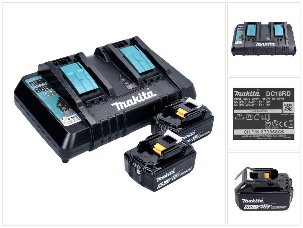 Makita Power Source Kit 18 V mit 2x BL 1860 B Akku 6,0 Ah + DC 18 RD Doppelladegerät ( 199484-8 )