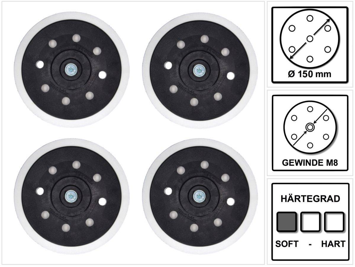 4x Makita Schleifteller Weich für Exzenterschleifer / Schleifmaschine 150 mm M8 ( 196684-1 )