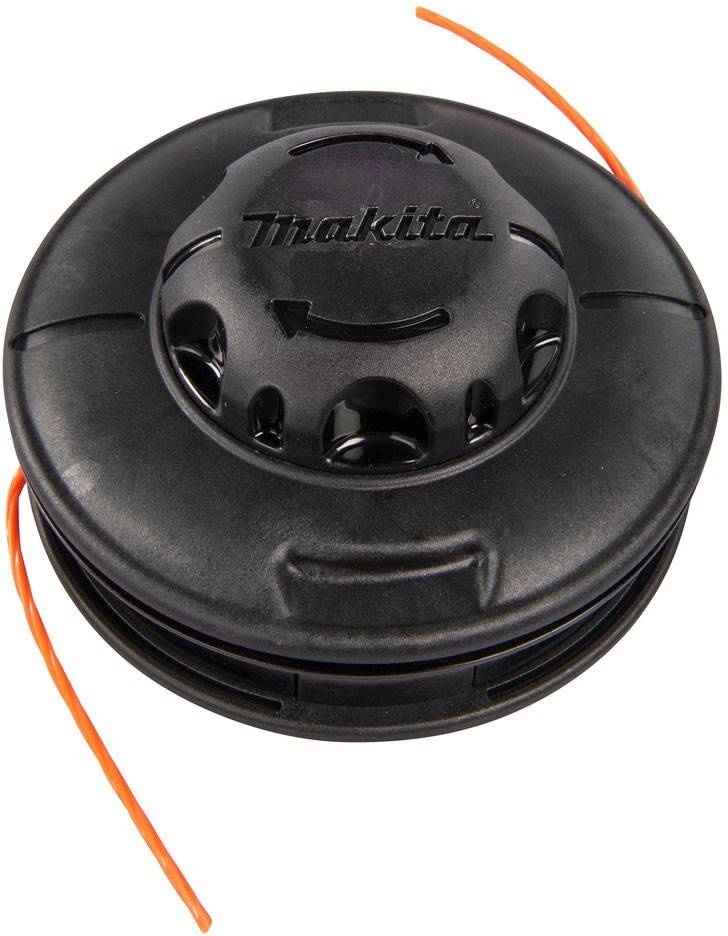 Ein schwarzer Makita Trimmeraufsatz mit orangefarbener Trimmerschnur, auf dem der Markenname oben eingeprägt ist und der für Grasschneidewerkzeuge konzipiert wurde.