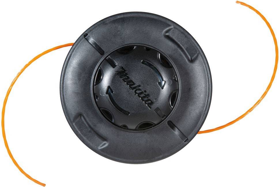 Eine schwarze Spule mit orangefarbener Trimmerschnur von einem Freischneider. Der Markenname ist auf der Oberfläche sichtbar.