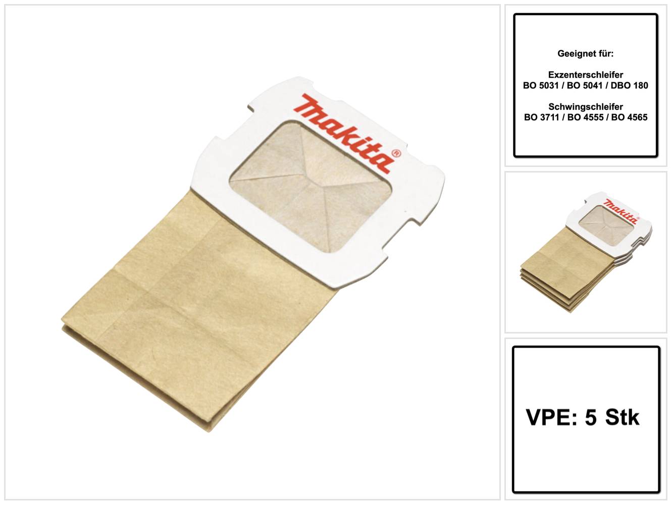 Makita Staubsack aus Papier 5 Stk. ( 194746-9 ) für Exzenterschleifer BO 5031 / BO 5041 / DBO 180 und Schwingschleifer BO 3711 / BO 4555 / BO 4565