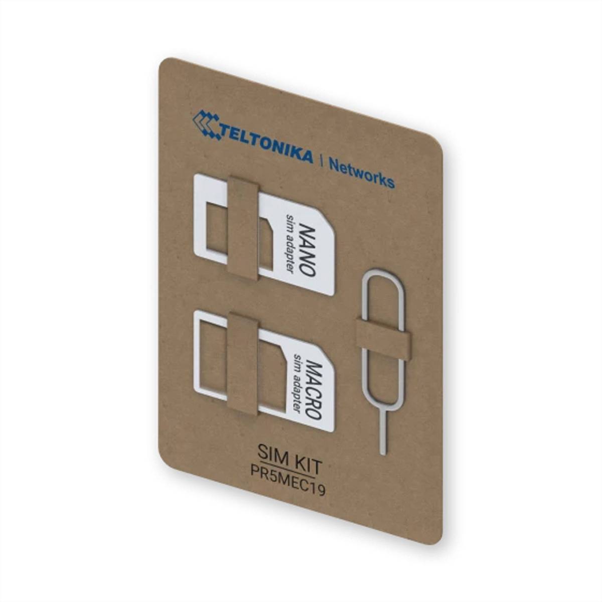 Teltonika Networks SIM-Kit-Karte mit Nano- und Micro-SIM-Adaptern und einem SIM-Auswerfer-Tool auf braun gefärbter Verpackung.