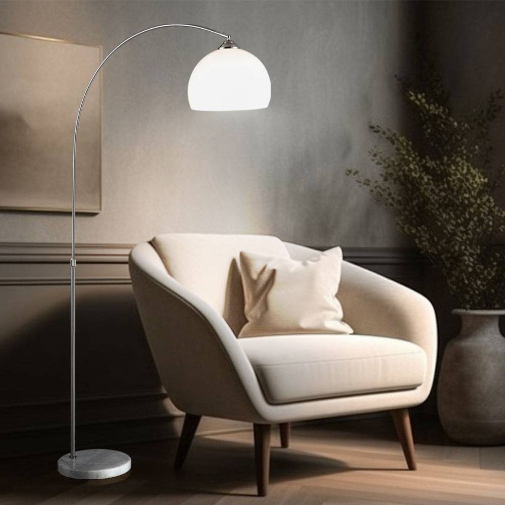 Bogenleuchte Stehleuchte mit Marmorsockel Bogenstandleuchte mit Teleskop-Funktion weiß, höhenverstellbar, 1x E27, DM Sockel 29cm Gesamthöhe 141-196