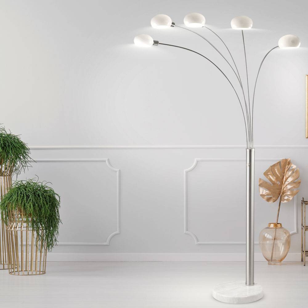 Standlampe Stehleuchte dimmbar Glas Strahler Dimmer Stehlampe Wohnzimmer Modern, Marmorsockel, 5x E14, LxBxH 110 x 140 x 210 cm