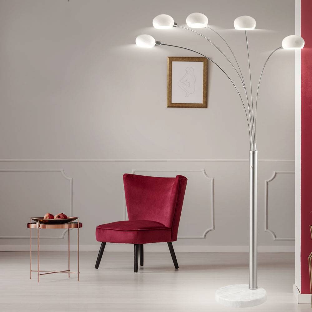 Standlampe Stehleuchte dimmbar Glas Strahler Dimmer Stehlampe Wohnzimmer Modern, Marmorsockel, 5x E14, LxBxH 110 x 140 x 210 cm