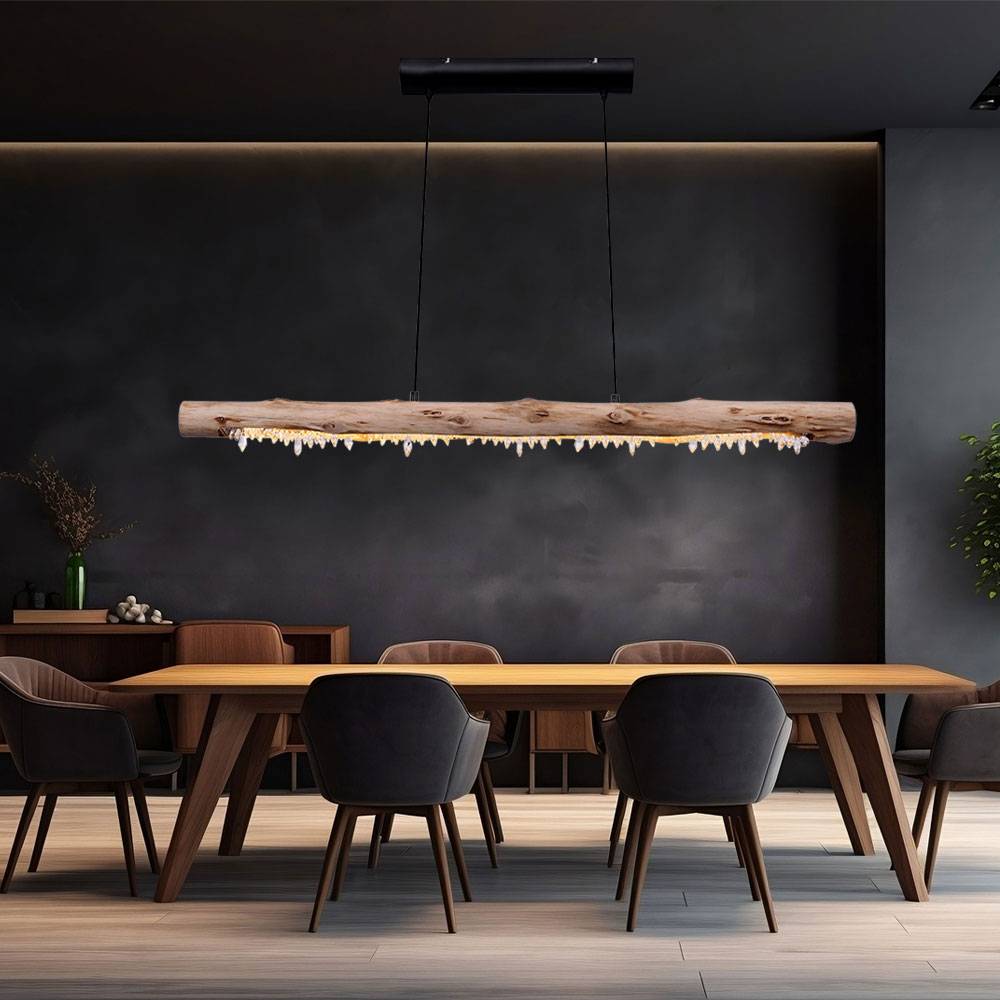Decken Hängeleuchte aus Holz mit Kristalldekor Holzbalken Pendelleuchte Landhaus Stil Hängelampe, 1x LED 15 Watt 980 Lumen warmweiß, LxBxH 100x8x15