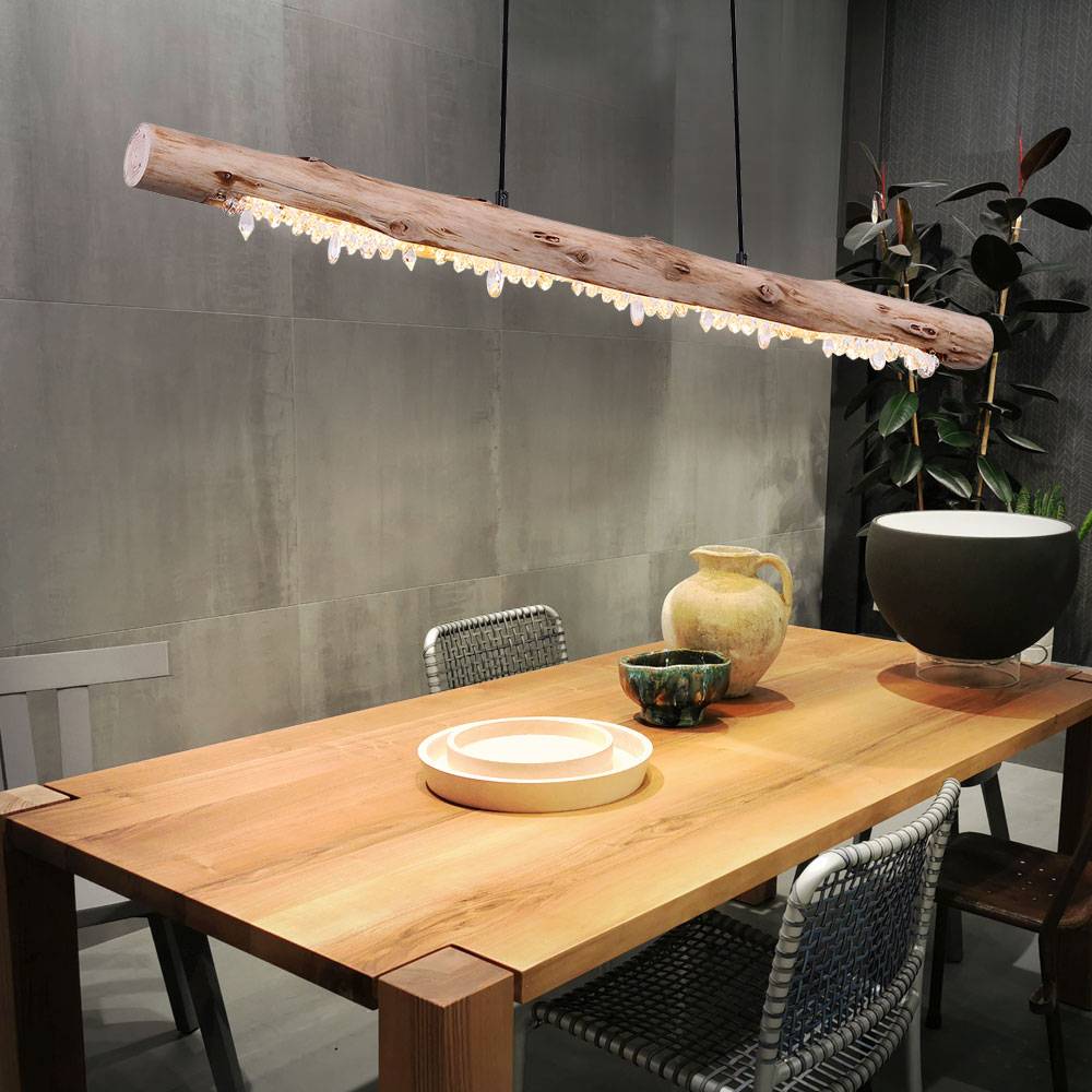 Decken Hängeleuchte aus Holz mit Kristalldekor Holzbalken Pendelleuchte Landhaus Stil Hängelampe, 1x LED 15 Watt 980 Lumen warmweiß, LxBxH 100x8x15