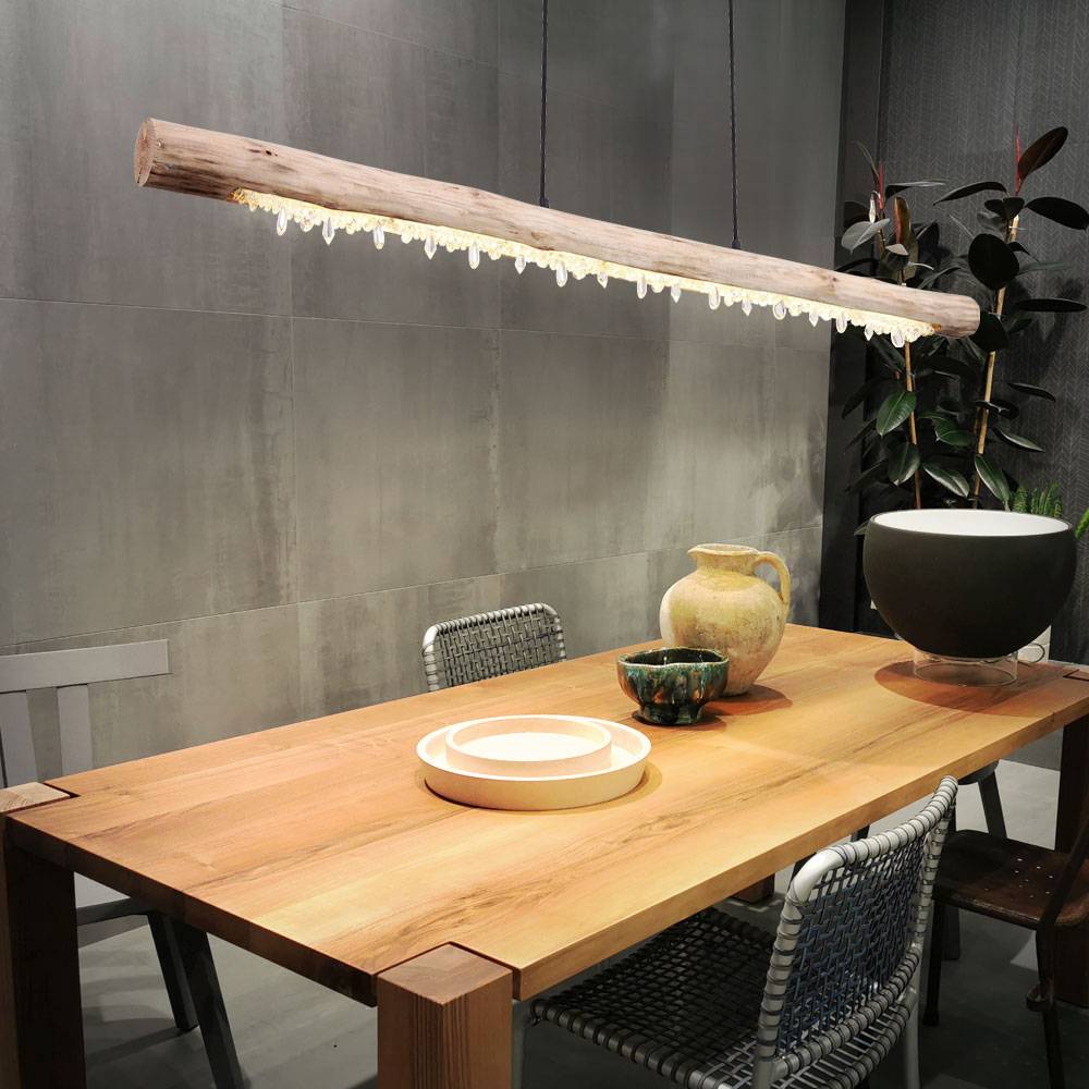 Decken Hängeleuchte Holzbalken natur Pendelleuchte Kristall Dekor Hängelampe, 1x LED 20 Watt 1030 Lumen warmweiß, LxBxH 120x7x150cm, Wohnzimmer Ess