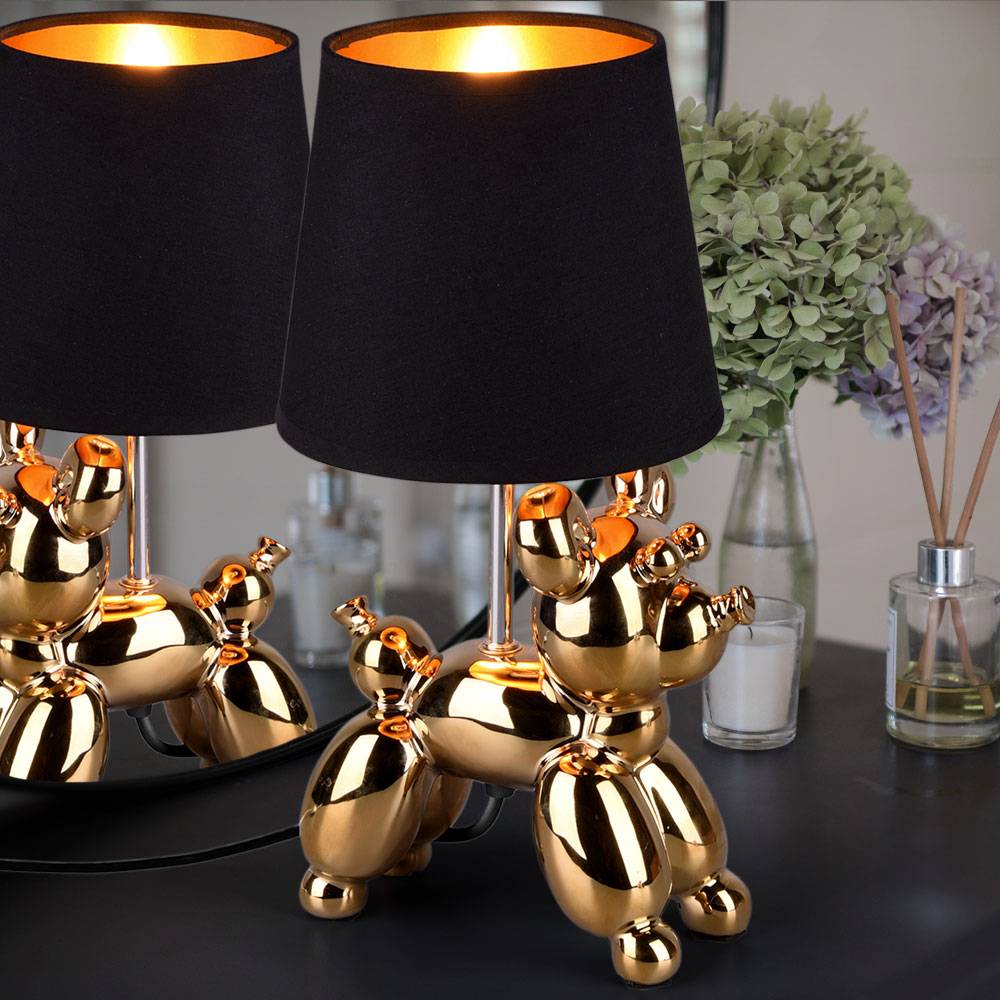 Tischleuchte Keramik Gold Tischlampe Nachttischlampe im Hunde Design für Ihren Wohnraum, Metall, 1 Flammig 1x E14, BxH 17x33 cm