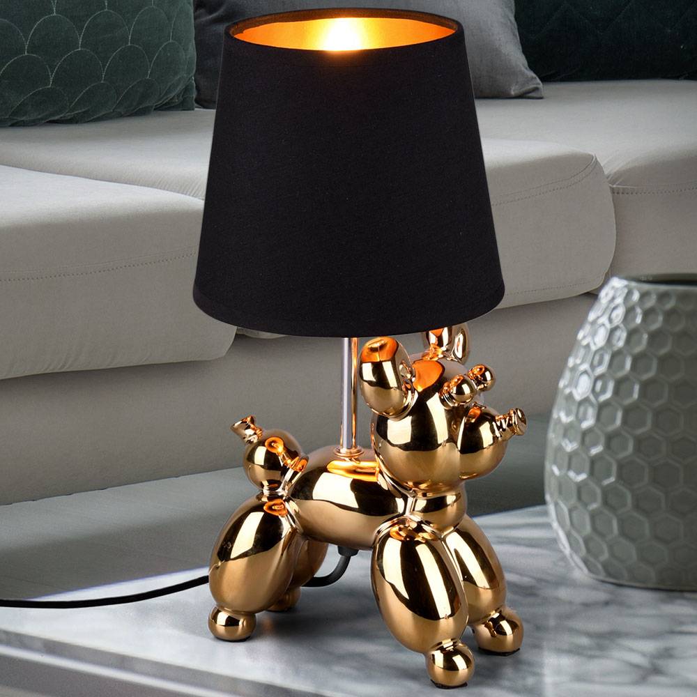 Tischleuchte Keramik Gold Tischlampe Nachttischlampe im Hunde Design für Ihren Wohnraum, Metall, 1 Flammig 1x E14, BxH 17x33 cm